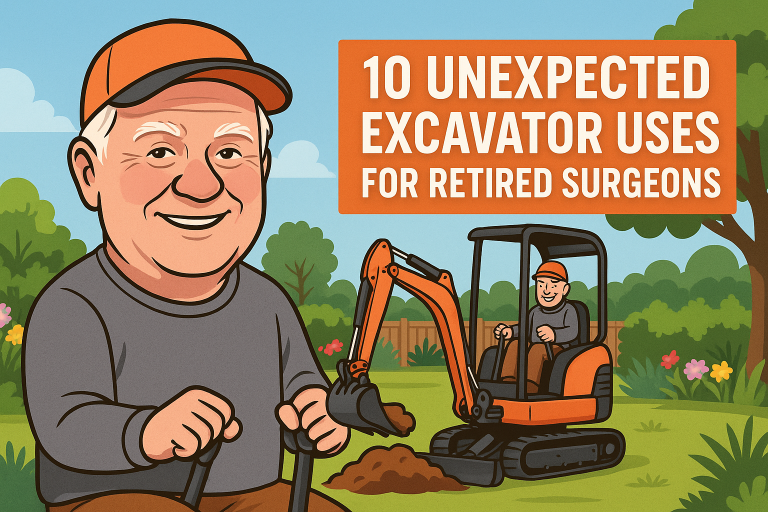 Cartoon of a retired surgeon operating a mini excavator in a garden-10 unexpected excavator uses for retired surgeons
